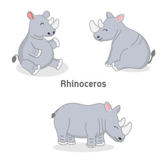 Set of cute cartoon  rhinoceros on white background. 

