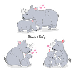 Happy Rhino and baby cartoon. Vector Illustration
