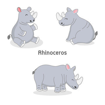 Set of cute cartoon  rhinoceros on white background. 
