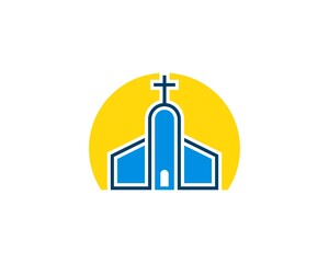 Blue church with sun behind