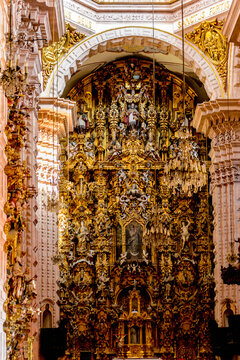 TAXCO, MEXICO - OCT 28, 2016: Interior of the Church of Santa Prisca, Taxco de Alarc&oacute;n,  Guerrero, Mexico. Built between 1751 and 1758