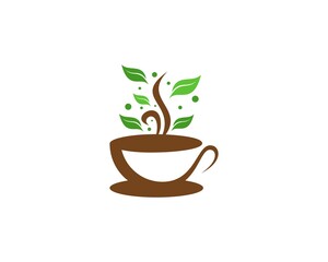 Hot coffee and cup with nature leaf