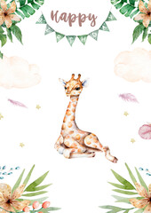 Cute giraffe with flower on head. Watercolor cartoon giraffe isolated tropical animal illustration. Baby shower for twins a boy