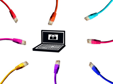 closed padlock on screen laptop technology ethernet cords. white background. illustration