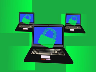 quantum computer. laptop. hologram. padlock. protection. secure. green gradient background illustration