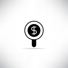 magnifier glass and dollar sign drop shadow on gray background