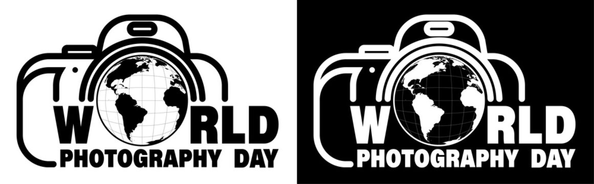 World Photography Day August 19th. Globe in the camera lens. Logo for printing on clothes and banners. Black and white vector