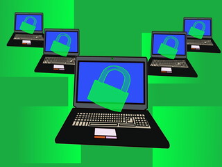 batch of computers. Holographic images of padlocks protruding from laptop screens. Green gradient background illustration. horizontal. Digital information security concept