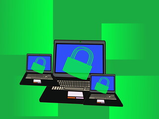 holograms of padlocks protruding from laptop screens. illustration. Green gradient background.