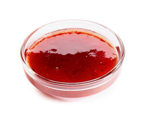 Bowl of tasty strawberry jam on white background