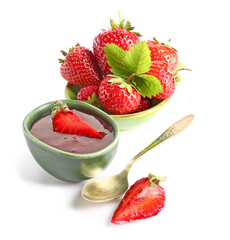 Bowl of tasty strawberry jam on white background
