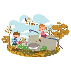 Obraz na płótnie Canvas children playing with a hippopotamus