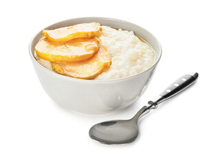 Bowl with boiled rice and apple on white background