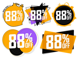 Set Sale 88% off banners, discount tags design template, final offer, end of season deal, app icons, vector illustration