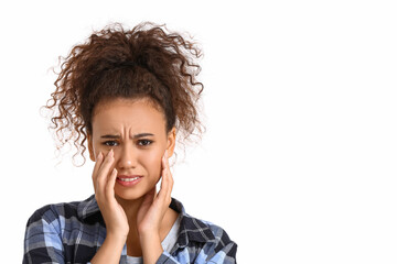 Sad African-American woman on white background. Stop racism