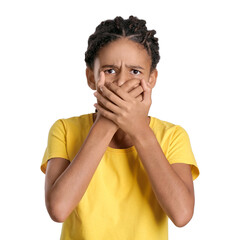 Sad African-American girl on white background. Stop racism