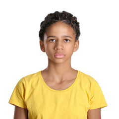 Sad African-American girl on white background. Stop racism