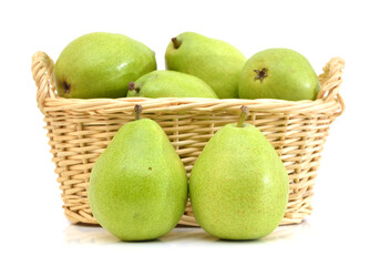 pears group in basket on white background