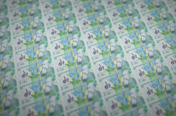 1 Romanian leu bills printed in illegal money production conveyor. Collage of many fake bills....