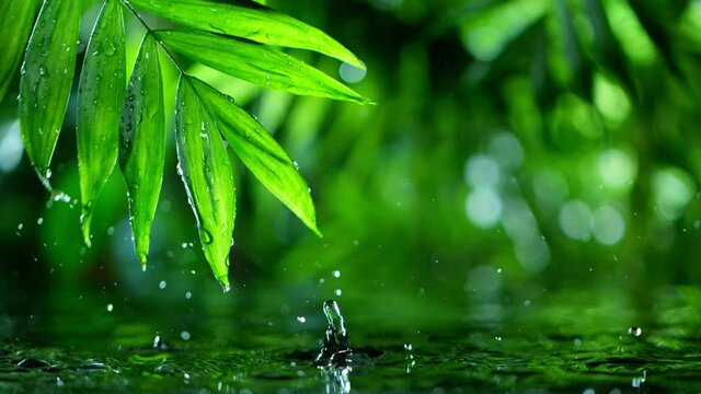 fresh green leaves with water drops over the water , relaxation with water ripple drops concept , filmed on cinema slow motion camera at 1000 fps