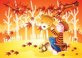 Fototapeta premium autumn with boy and bear