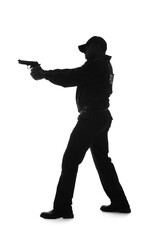 Silhouette of aggressive African-American police officer with gun on white background