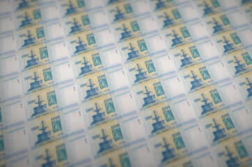 1000 Hungarian forint bills printed in illegal money production conveyor. Collage of many fake...