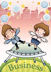 businessman and businesswoman jumping on trampoline