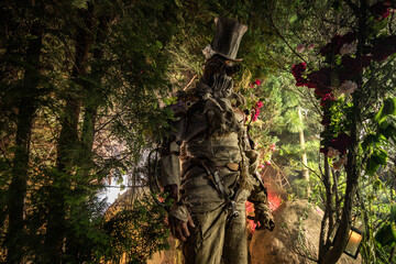 Naklejka premium Futuristic character cyborg stalker. Art Photography in steampunk style.