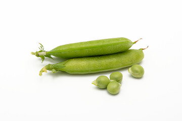 fresh green pea pod with seeds on a white background