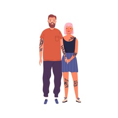 Happy hipster couple posing together holding hands vector flat illustration. Smiling stylish tattooed man and woman isolated on white. Joyful modern people standing having positive emotion