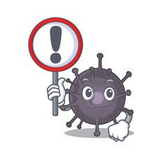 A cartoon icon of salmonella with a exclamation sign board
