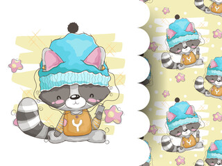 Naklejka premium Cute raccoon listening to music with pattern background