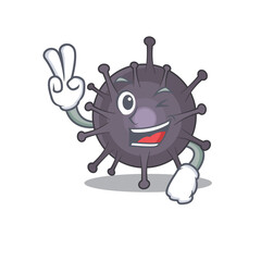 A joyful salmonella cartoon mascot style show two fingers pose