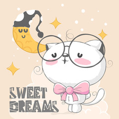 Kitten meowing to the sky with moon and stars