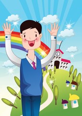 father and son holding flowers