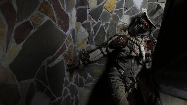 Futuristic character cyborg stalker. Art Photography in steampunk style 4K Footage.