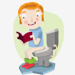young girl siting on toilet reading book flat artwork illustration