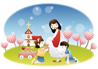 Obraz na płótnie Canvas jesus watching children planting flowers