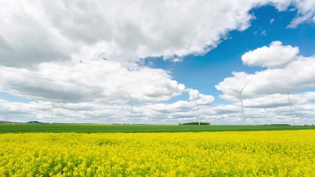Clouds moving over windmills and yellow flower fields in Zlotoryja, Poland - time lapse