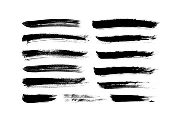 Vector grungy paint brush strokes collection. Calligraphy straight smears, stamp, lines. Hand drawn ink illustration isolated on white background. Vector black paint, ink brush stroke, line or texture