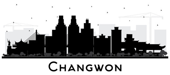 Changwon South Korea City Skyline Silhouette with Black Buildings Isolated on White.