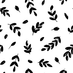 Leaves and branches vector seamless pattern. Black brush leaves and twigs. Olive branch modern ornament. Black ink texture with foliage. Hand drawn eucalyptus, laurel twig. Abstract plant motif