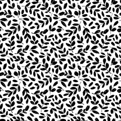 Leaves and branches vector seamless pattern. Black brush leaves and twigs. Olive branch modern ornament. Black ink texture with foliage. Hand drawn eucalyptus, laurel twig. Abstract plant motif