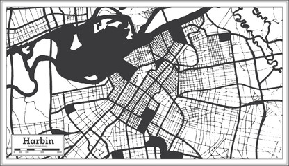 Harbin China City Map in Black and White Color in Retro Style. Outline Map.