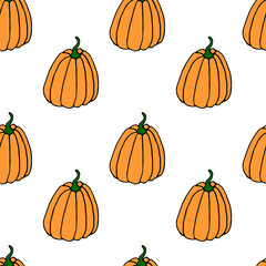 Seamless pattern of orange pumpkins. Background and texture. Symbol autumn, crop, fruitful year, thanksgiving day. Hand drawn vector EPS10 outline illustration, isolated