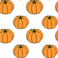 Seamless pattern of orange pumpkins. Background and texture. Symbol autumn, crop, fruitful year, thanksgiving day. Hand drawn vector EPS10 outline illustration, isolated