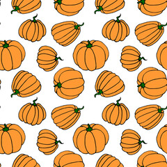 Seamless pattern of orange pumpkins. Background and texture. Symbol autumn, crop, fruitful year, thanksgiving day. Hand drawn vector EPS10 outline illustration, isolated