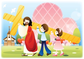 jesus carrying the cross with children