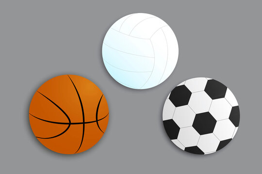 Sports balls for basketball football and volleyball. Set of vector equipment icons for sports games. Stock Photo.
